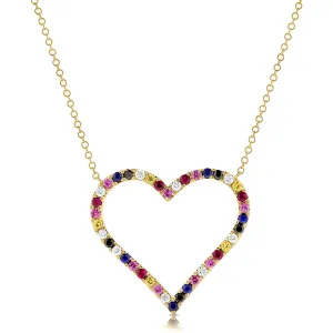 14K Gold & Mix-Color Sapphire Open Heart Necklace - 0.78ct