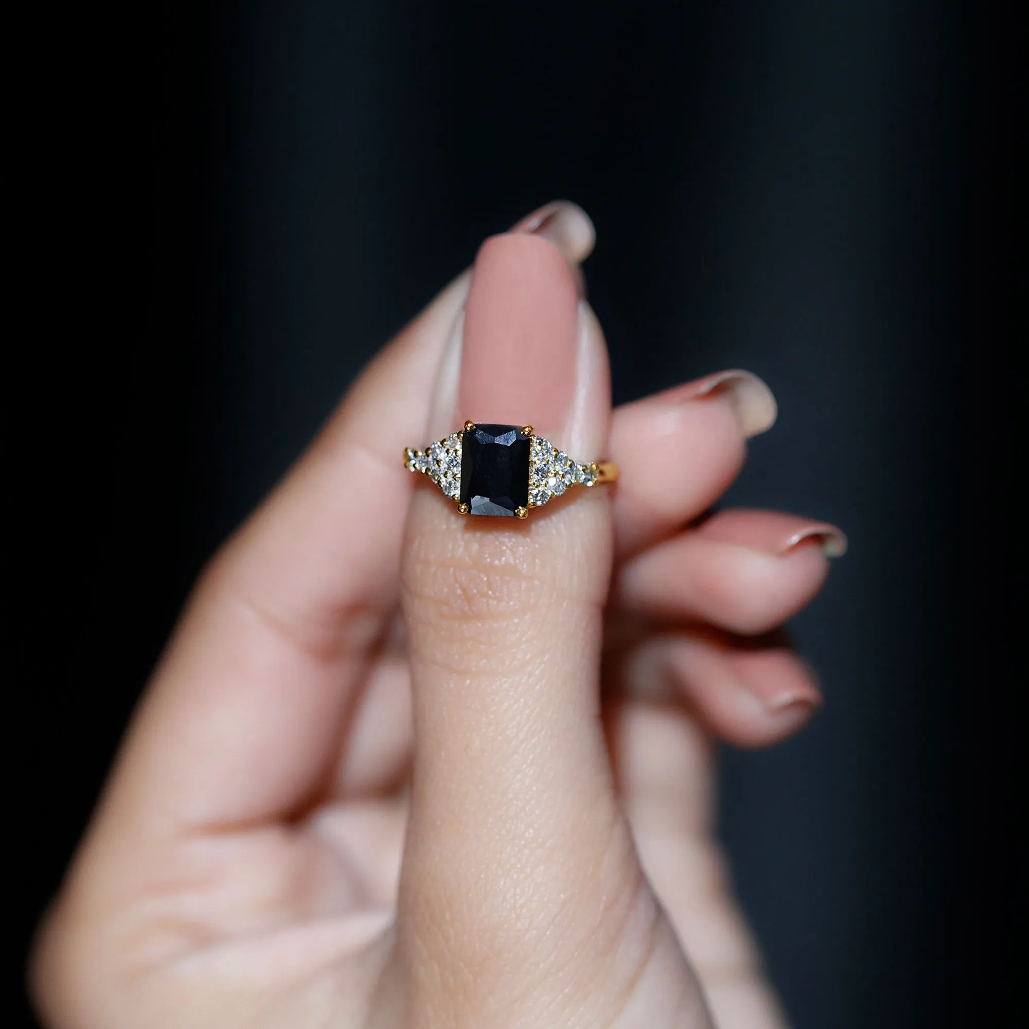 2.25 CT Octagon Cut Black Onyx Engagement Ring with Diamond Side Stones