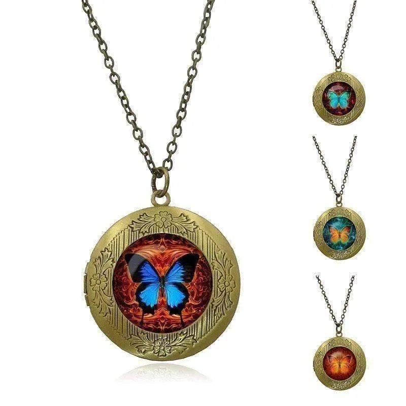 Butterfly Glass Cabochon Antique Locket Necklace