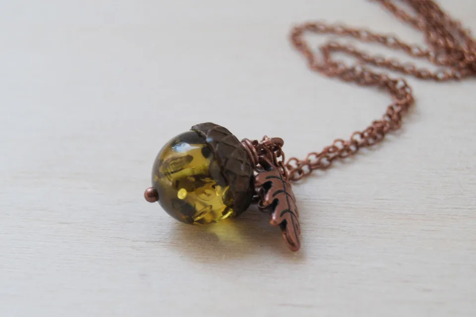 Copper & Green Amber Acorn Necklace | Fall Nature Jewelry | Woodland Gemstone Acorn Charm Necklace