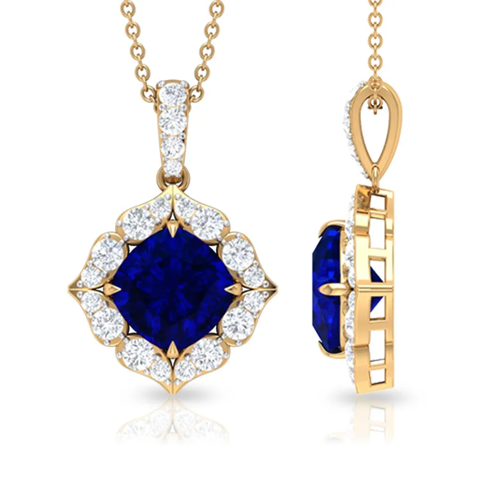 Cushion Cut Created Blue Sapphire Art Deco Pendant with Diamond Halo