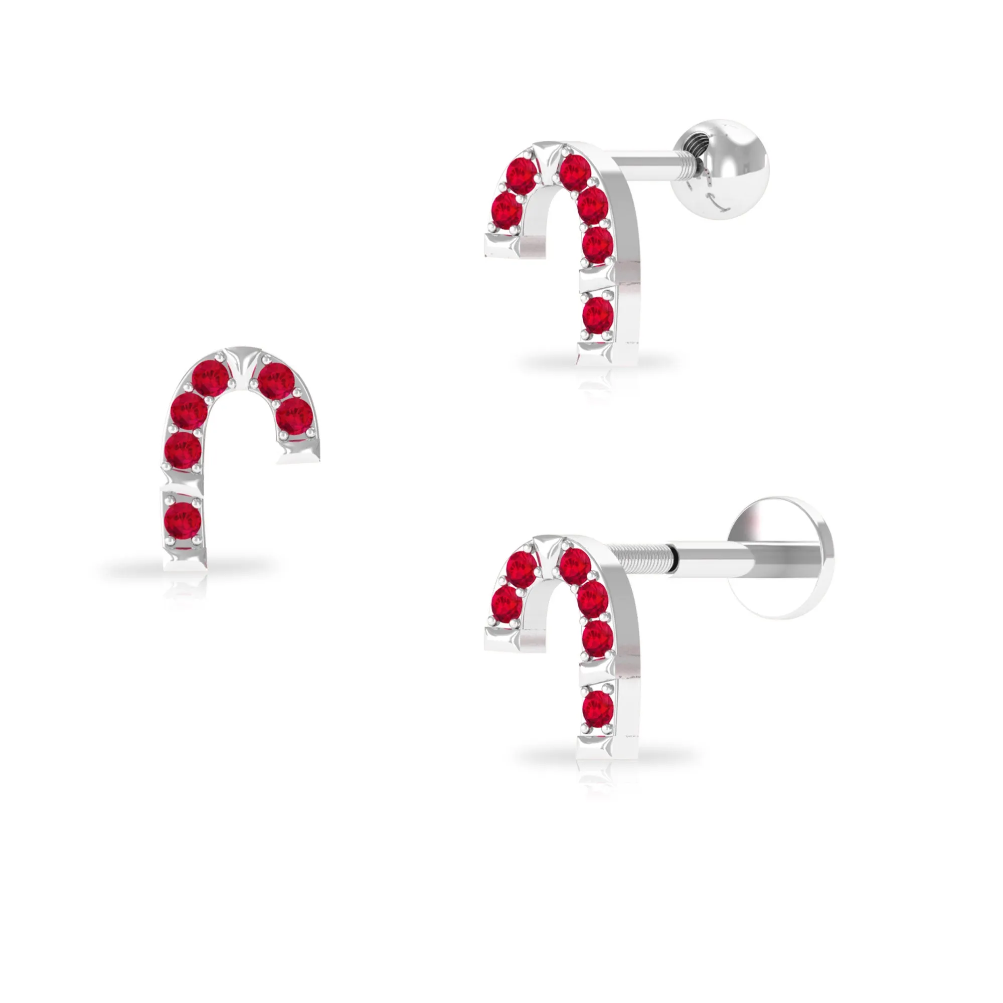 Cute Ruby Xmas Candy Cane Helix Earring