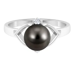 Genuine Tahitian Pearl Solitaire Split Shank Engagement Ring with Diamond