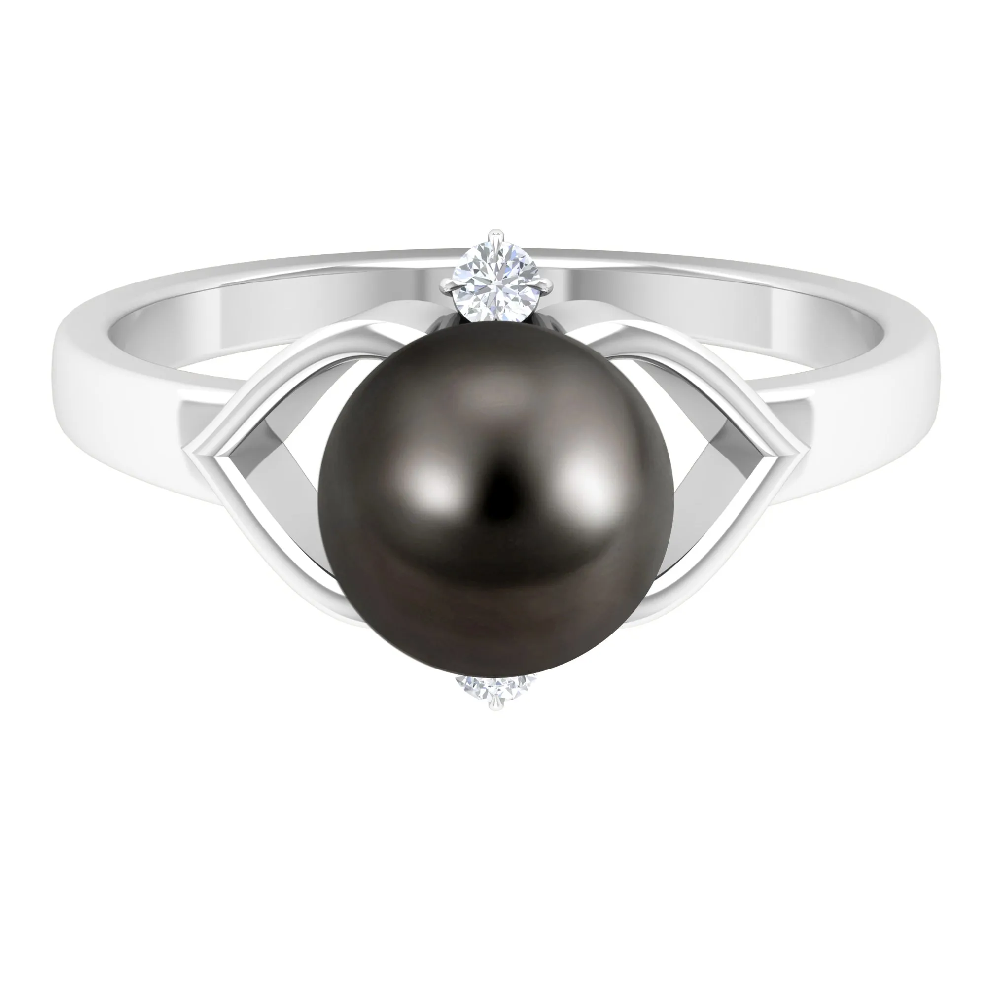 Genuine Tahitian Pearl Solitaire Split Shank Engagement Ring with Diamond