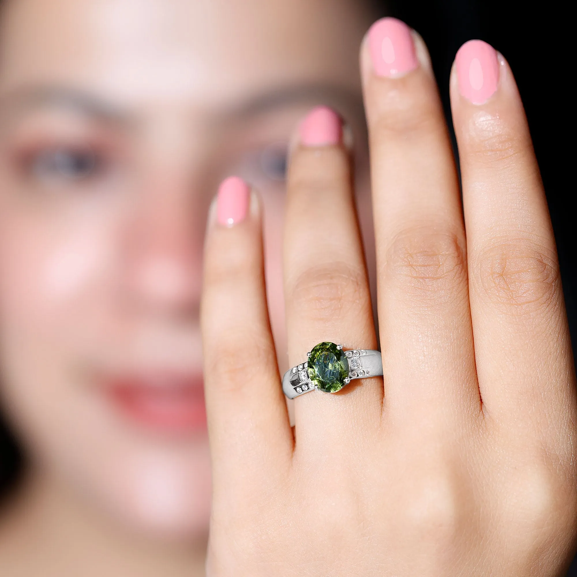 Lab Grown Green Sapphire Solitaire Oval Engagement Ring with Moissanite