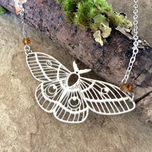 Large Moth Necklace | Dark Silver Polyphemus Moth Necklace | Cottagecore Statement Jewelry
