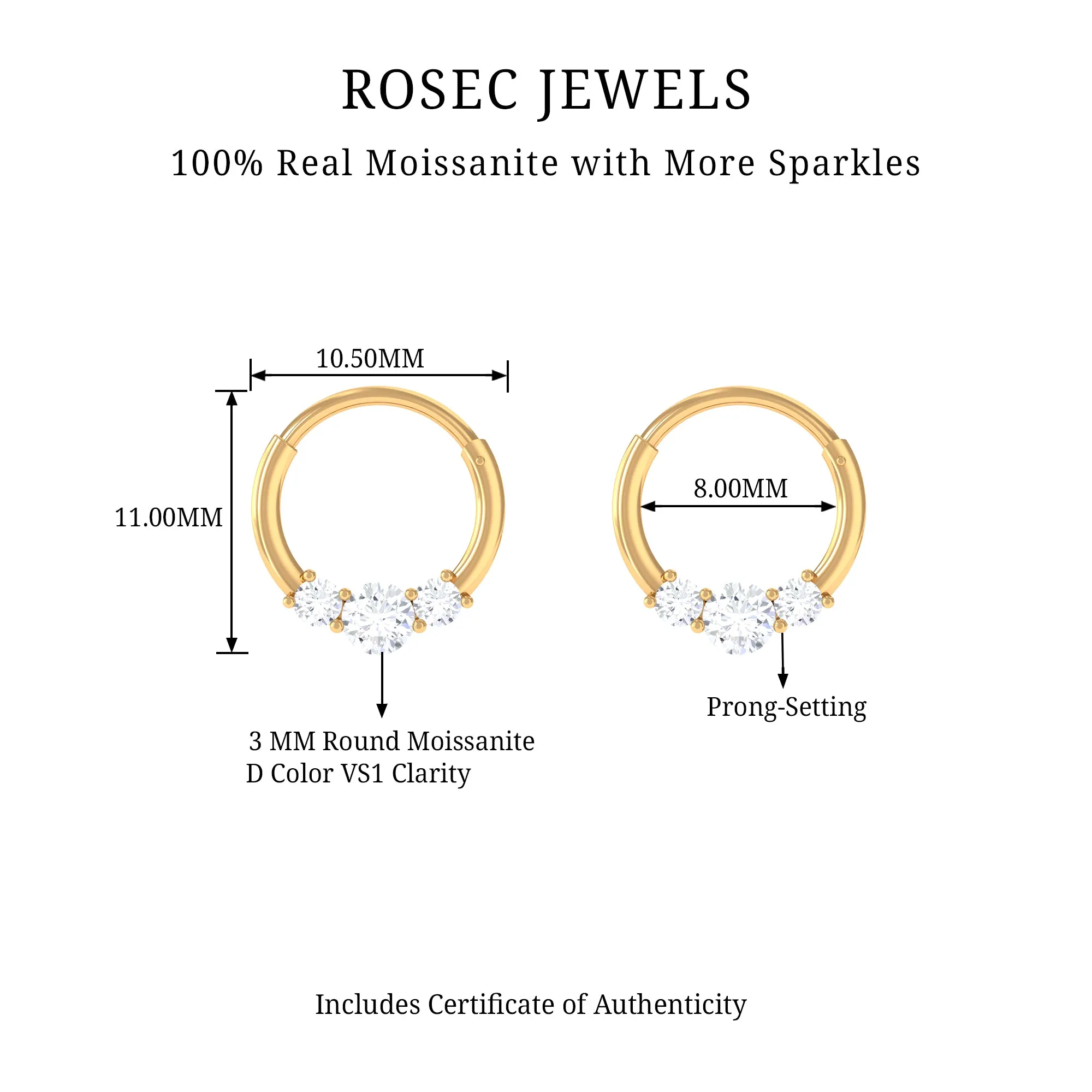 Moissanite 3 Stone Daith Clicker Hoop Earring in Gold