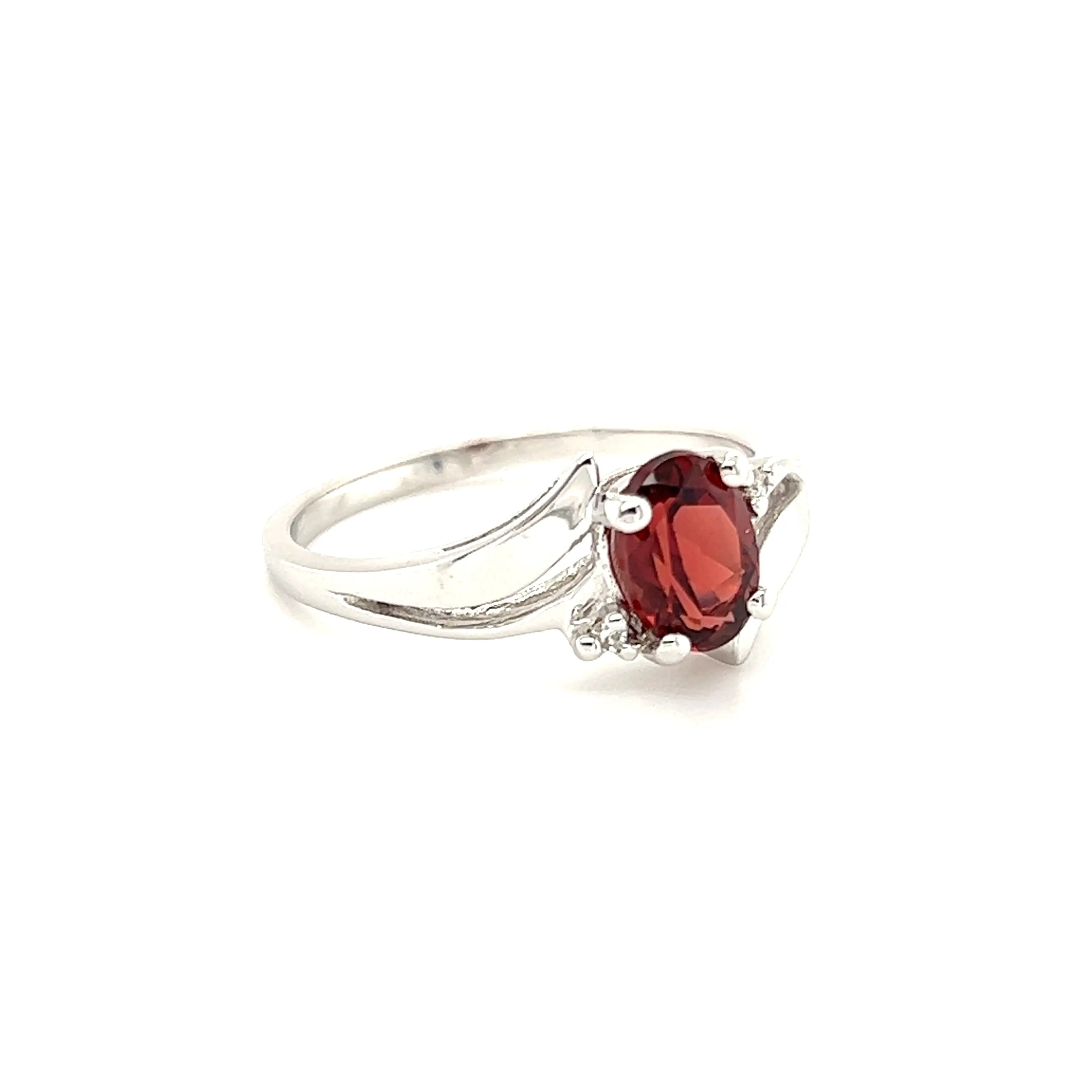 Oval Garnet Bypass Ring with Two Side Diamonds in 14K White Gold