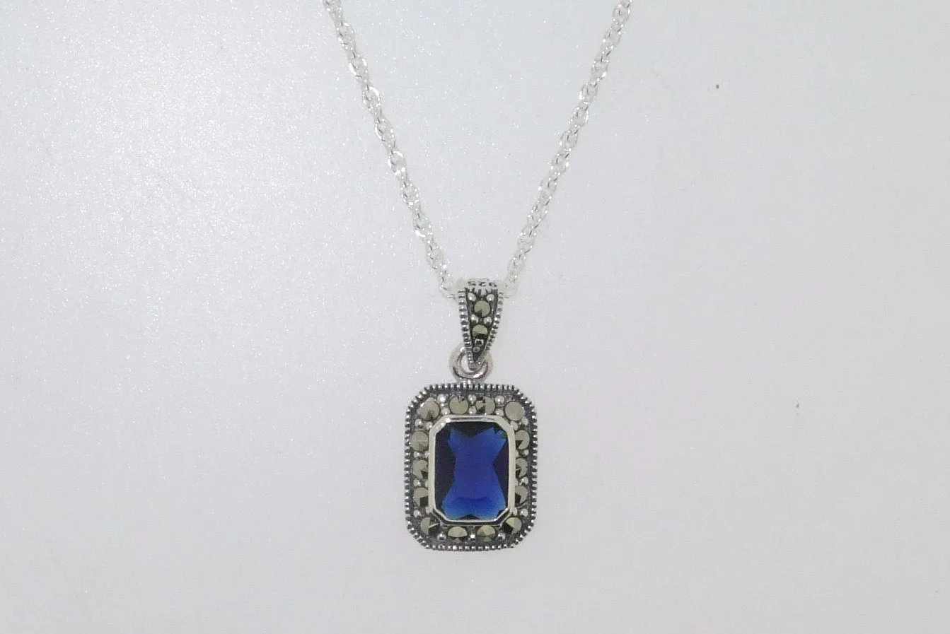 Sapphire Blue Pendant Necklace Silver Marcasite Clear Cubic Zirconia